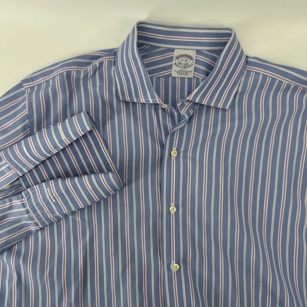 Brooks Brothers Button Down Mens 17-35 Blue Purple Striped Slim Fit Made in USA